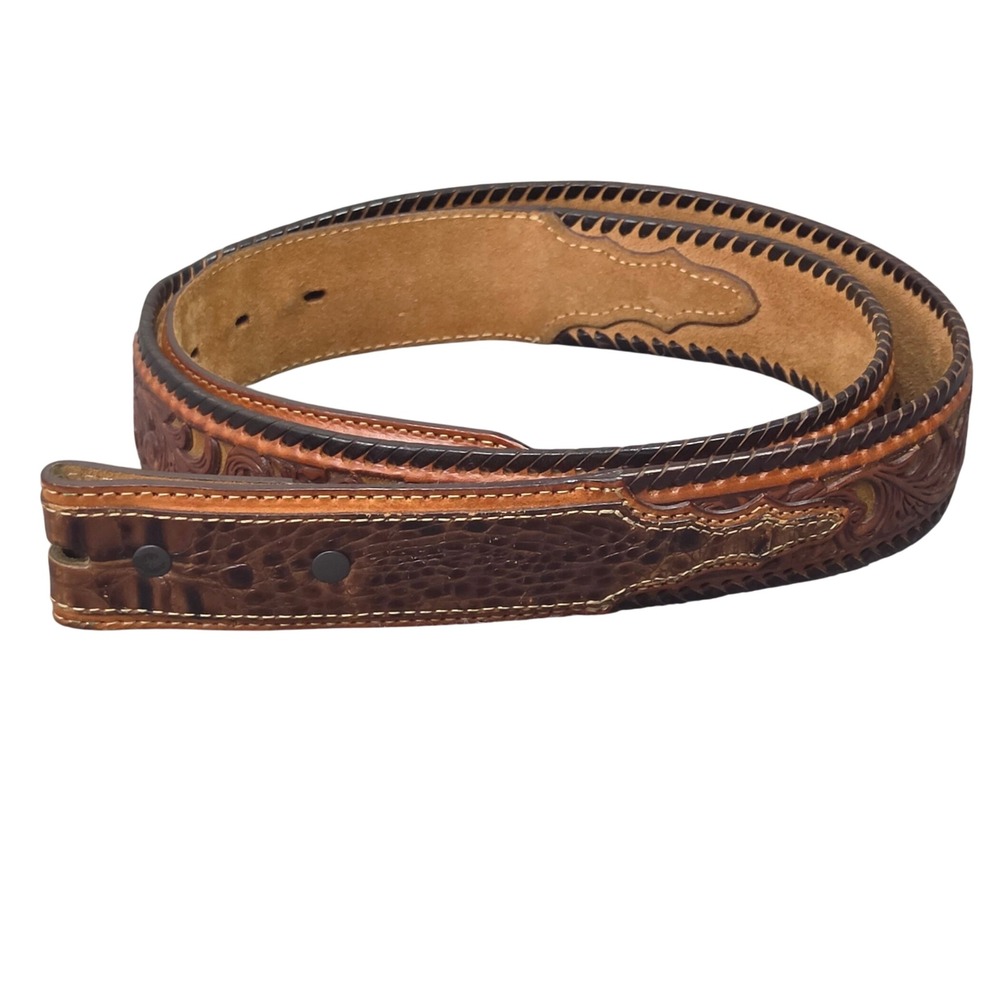 Vintage Tony Lama Tooled Leather Belt Size 40 Croc Embossed No Buckle Made USA